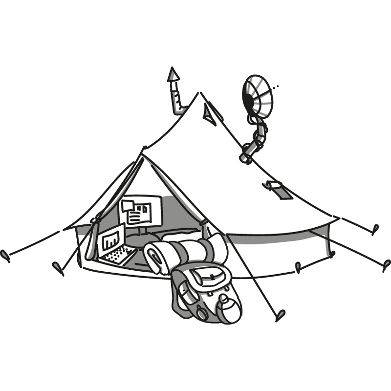 gezeichnetes Zelt mit Satelitenantenne drauf, vor dem ein Rucksack liegt 